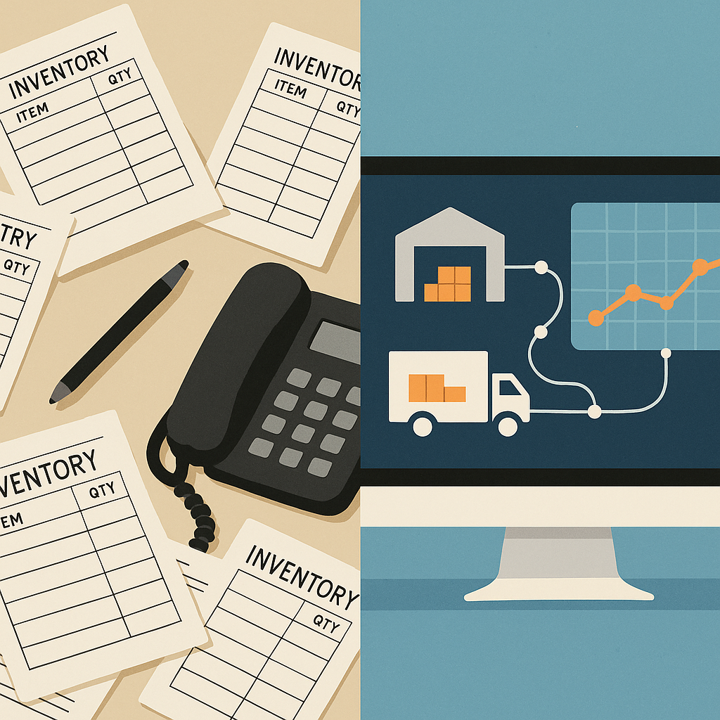 Split illustration contrasting a cluttered desk with paper inventory sheets and a phone against a clean real-time dashboard with data streams connecting a warehouse, a supplier, and a forecasting graph