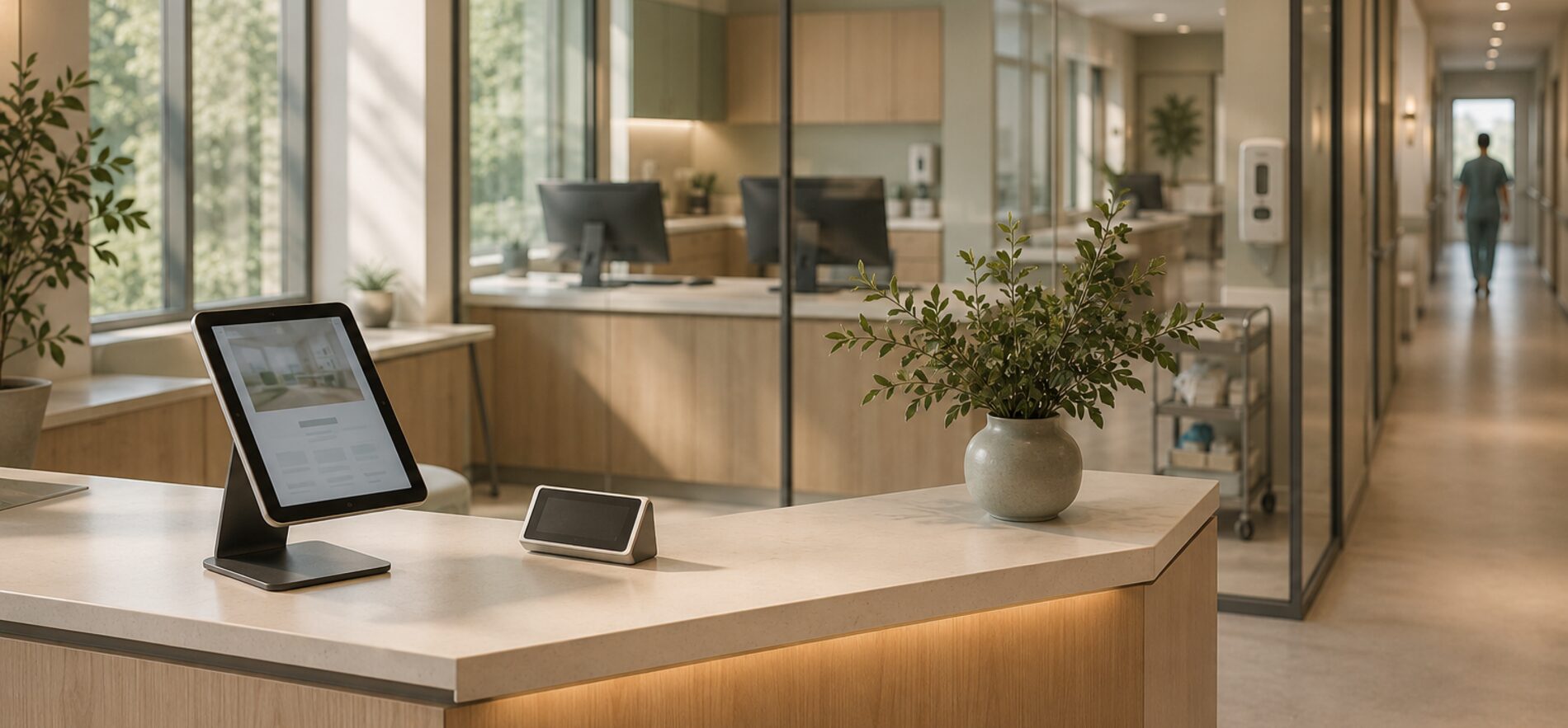 Clinic reception desk with a self-service check-in tablet, with a care team station, supply cart and corridor visible through the glass partition behind it
